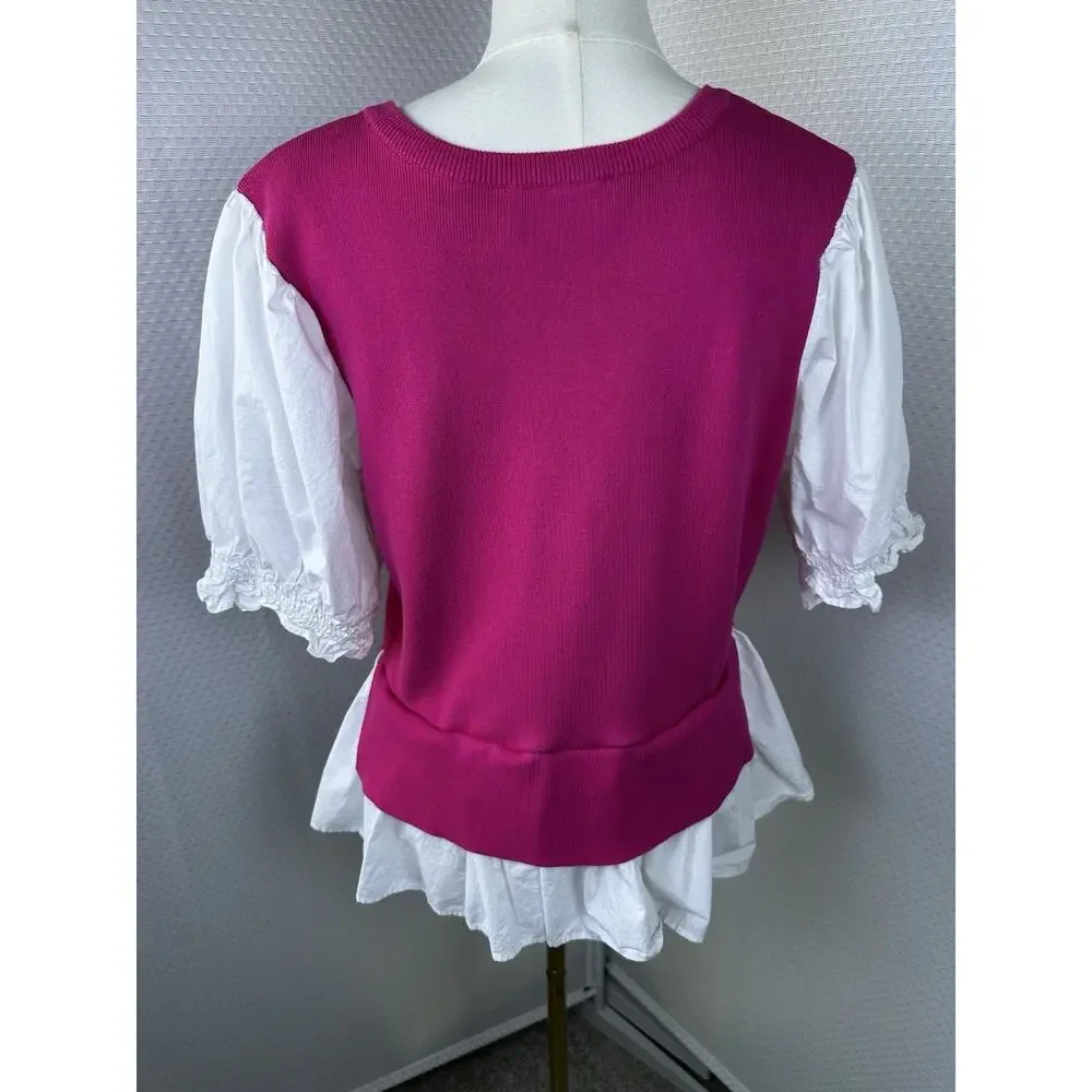 Anthropologie Pink Knit Peplum Top Large Puff Sleeve Cottagecore Coquette Blouse